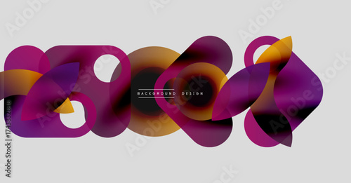 Abstract shapes overlap, creating vibrant color gradients. Design features purple, orange, pink hues on white backdrop. Modern aesthetic.