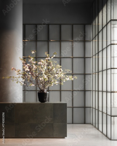 Wallpaper Mural Minimalist Interior with Flowering Branch Vase on Stone Counter beside Glass Grid Wall. AI generative Torontodigital.ca