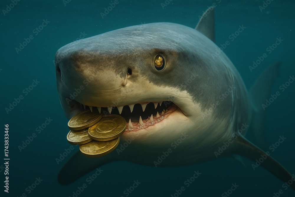 Naklejka premium A shark biting gold coins symbolizes ruthless ambition, power, and the fierce nature of financial survival.