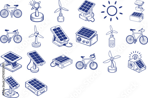 Embrace sustainable energy with solar panels, wind turbines, and bicycles for a greener life