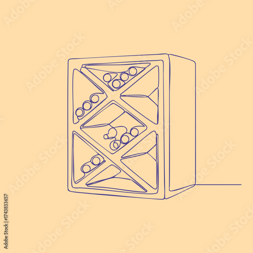 Stylized line drawing of a compact wine storage cabinet with multiple compartments filled with bottles, set against a soft beige