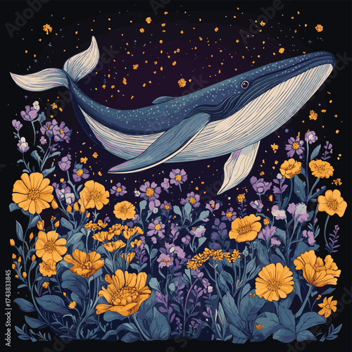 Ethereal Whale Swimming Amidst Underwater Floral Oasis , vector style simple color