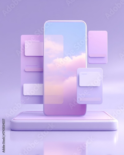 Wallpaper Mural Pastel 3D Smartphone UI Mockup with Floating App Cards and Gradient Widgets. AI generative Torontodigital.ca