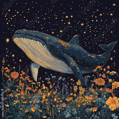 Ethereal Whale Swimming Amidst Underwater Floral Oasis , vector style simple color