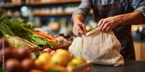 Packing groceries with fresh produce, cashier hands skillfully handle reusable bag, showcasing sustainability and care