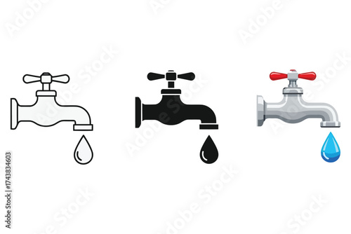 Vector art of faucet with water drop vector icon set plumbing, hygiene, and water concept