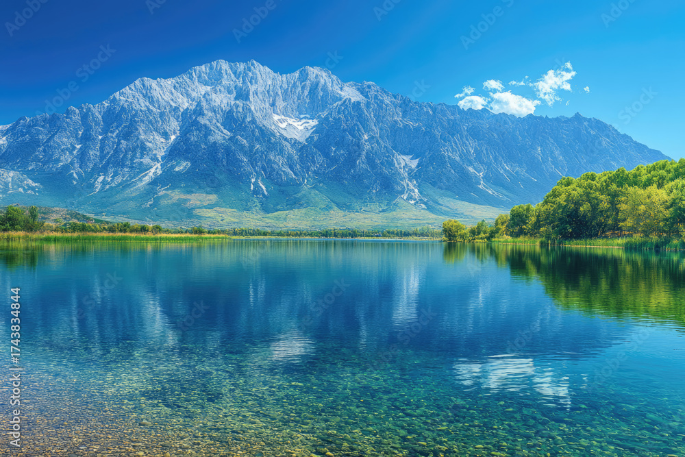 Fototapeta premium Crystal Clear Waters Capturing a Harmonious Mountain View