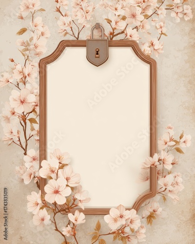 Wallpaper Mural Cherry Blossom Floral Invitation Frame with Lock Emblem on Vintage Paper. AI generative Torontodigital.ca