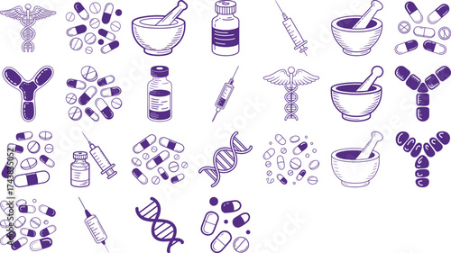Hand drawn pharmacy icons for healthcare, medical, and medicine themed presentations