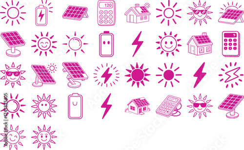 Go green with pink solar panels, energy, and sun icons for eco-friendly solutions