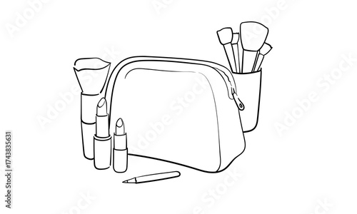 Сosmetic bag with tube of face and body cream in line art style on white background. Body and face care outline. Vector illustration	
