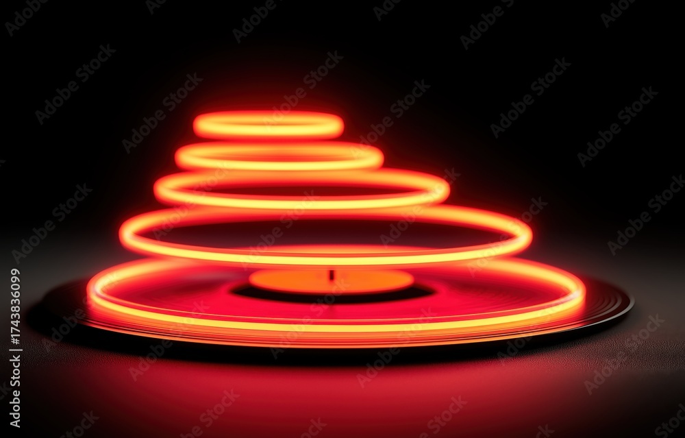 Fototapeta premium Vinyl spins in swirling red loops against a dark gradient background