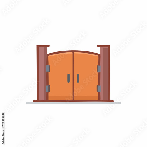 Orange double doors with brown posts and hinges vector illustration