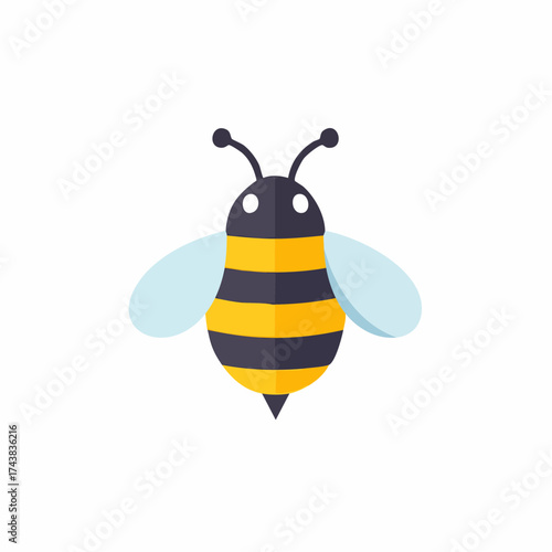 Stylized friendly bee with black and yellow stripes and light blue wings
