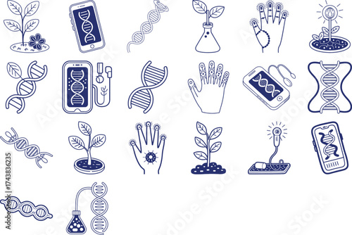 Modern biotechnology doodle illustration showcasing plant science and DNA engineering