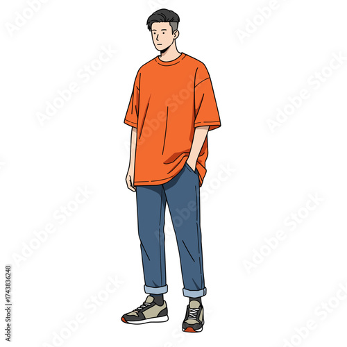 Casual Young Man Illustration in Orange T-Shirt and Rolled Jeans, Modern Street Style Fashion