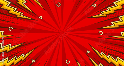 Comic Book Burst Red Radial Explosion with Lightning Bolts