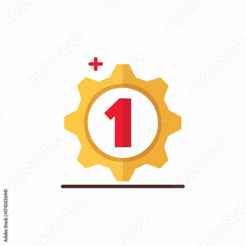 Golden Gear with Number One Red Symbol and Plus Sign Success Concept