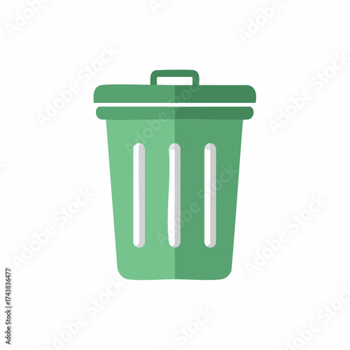 Green trash can illustration. Vector graphic of rubbish bin icon. Waste receptacle symbol for recycling, cleanup
