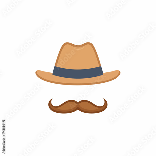 Gentleman's brown fedora hat and classic mustache flat vector illustration