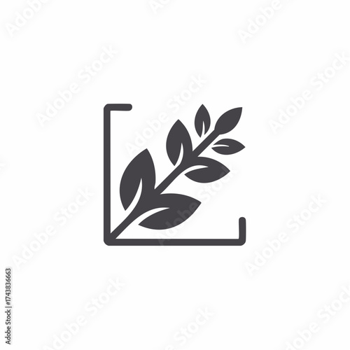 Organic leafy branch icon symbol enclosed within a corner frame design representing nature growth and focus