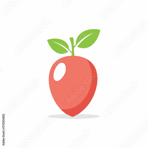 Stylized red berry with green leaves and stem simple flat icon
