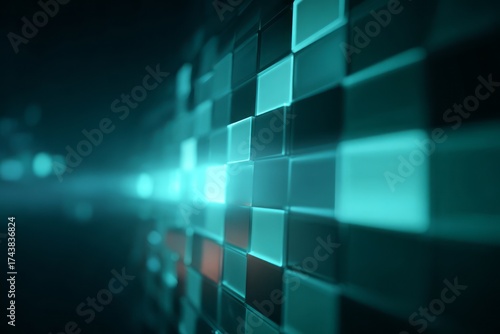 Wallpaper Mural Teal Neon 3D Cube Grid Abstract Technology Background. AI generative Torontodigital.ca