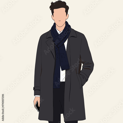 Stylish man in trench coat and scarf holding phone. Minimalist flat vector illustration of modern male fashion.