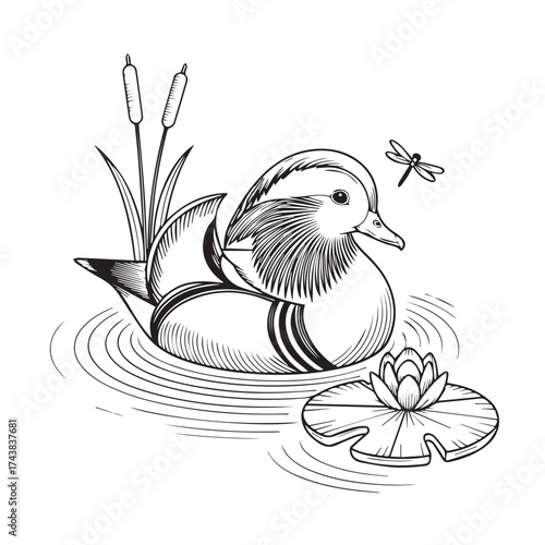 Detailed black and white sketch of a beautiful mandarin duck swimming peacefully in calm water next to a lily pad and reeds with a dragonfly flying nearby
