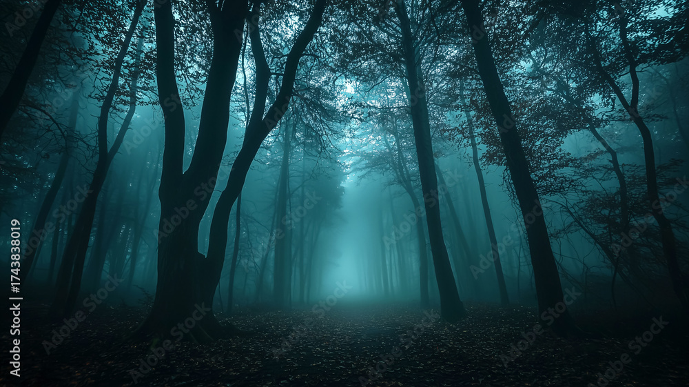 Naklejka premium Mysterious dark foggy forest at night with blue mist and eerie light through the trees. Spooky haunted woodland atmosphere for Halloween horror or fantasy background.