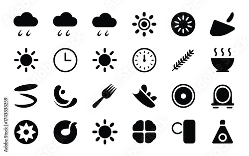 Collection of versatile weather food and time icons vector illustration scalable eps graphics for design projects silhouette vector illustration white background