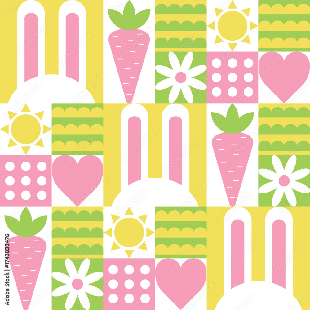 Fototapeta premium Geometric seamless pattern with easter elements in flat minimalist style. Template for invitation, postcard, poster, flyer