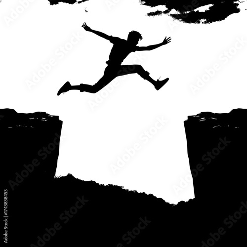 Black and White Vector Silhouette of a Man Jumping Across Gap