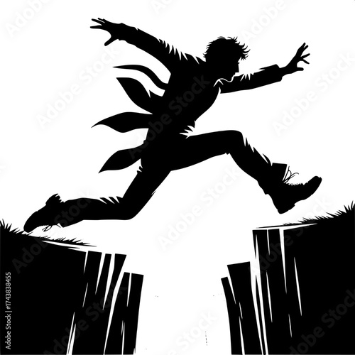 Black and White Vector Silhouette of a Man Jumping Across Gap