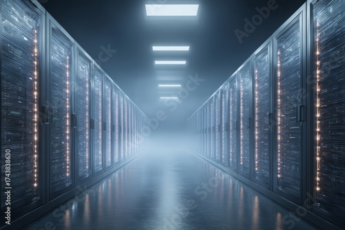 Wallpaper Mural Futuristic Data Center Corridor with Illuminated Server Racks and Misty Blue Lighting, Technology Concept. AI generative Torontodigital.ca