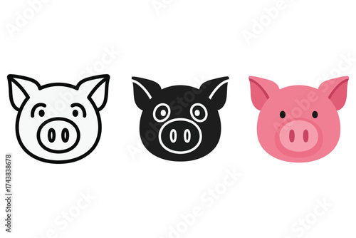 Vector art of three pig heads in different styles, a cute and simple design for kids