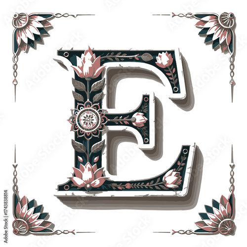 Elegant art nouveau letter e adorned with intricate floral patterns and decorative corner embellishments on a white background