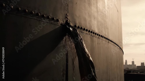 Thick, dark molasses begins to leak from a large, riveted industrial tank.