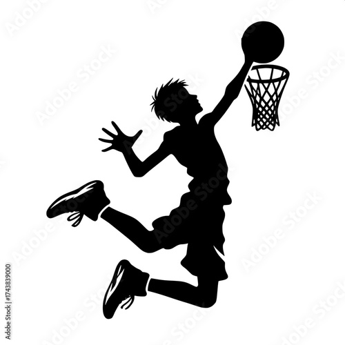 Black and White Vector Silhouette of a Boy Playing Basketball Dunk