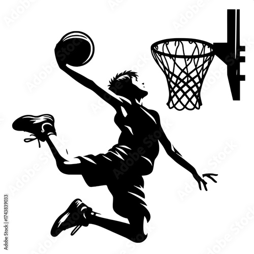 Black and White Vector Silhouette of a Boy Playing Basketball Dunk