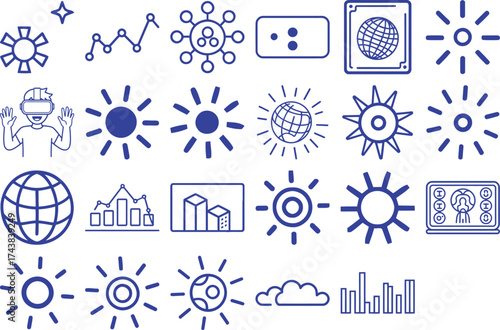 Modern blue line icon set featuring business, technology, weather and virtual reality
