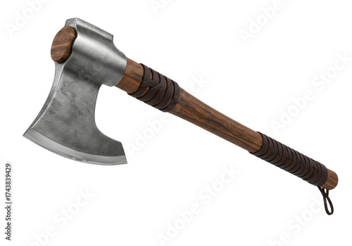 Viking battle axe isolated on a clean background, medieval weapon with wooden handle and leather grip for historical reenactment
