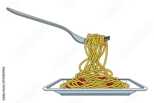 Illustration of spaghetti with tomato sauce on a fork and plate italian cuisine concept