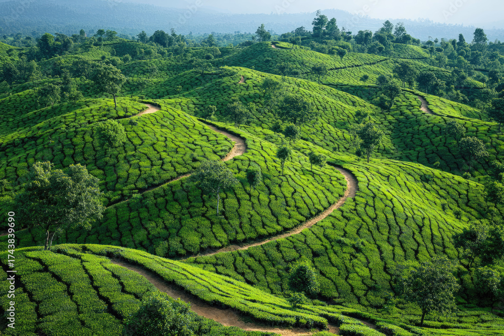 Fototapeta premium Aerial Perspective of Lush Green Tea Terraces in Bloom