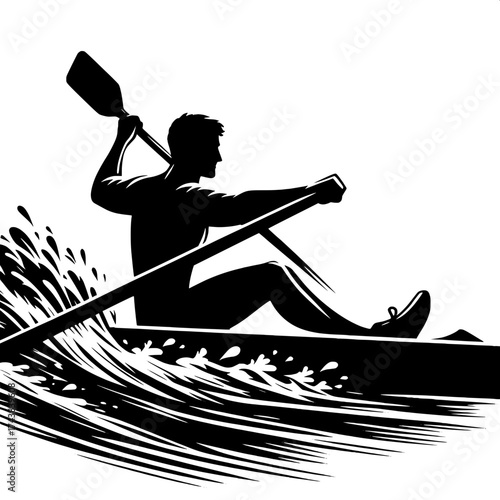 Black and White Vector Silhouette of a Man Rowing Boat