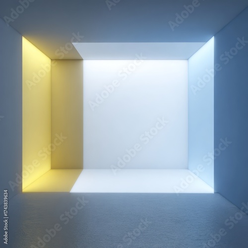 Wallpaper Mural Minimalist Room with Warm Yellow and Cool Blue LED Wall Lighting, Modern Geometric Interior Background. AI generative Torontodigital.ca