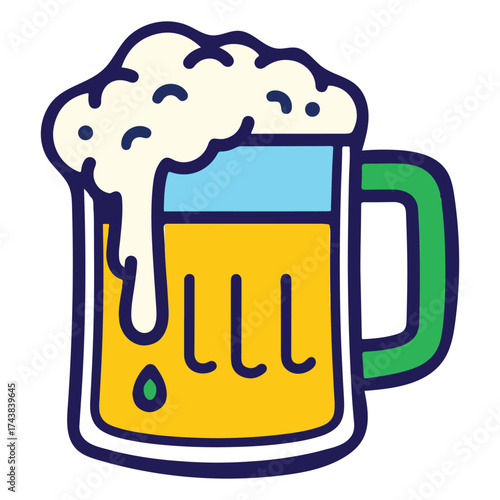 Colorful Beer Mug Illustration with Foam, Vector Icon of Cold Drink Glass for Pub and Oktoberfest Design
