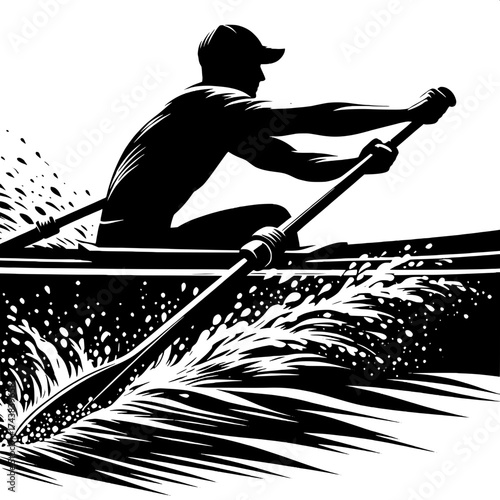Black and White Vector Silhouette of a Man Rowing Boat