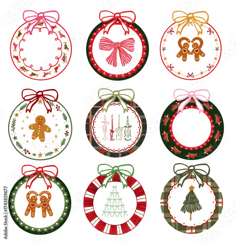 CHRISTMAS ORNAMENT CLIPART SET – CUTE HOLIDAY BAUBLES WITH RIBBONS, GINGERBREAD AND FESTIVE DESIGNS