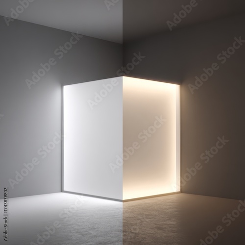 Wallpaper Mural Minimalist Corner Wall with Split Warm and Cool LED Lighting in Modern Interior, Soft Ambient Glow and Clean Geometry. AI generative Torontodigital.ca